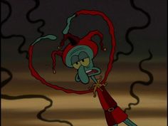 an animated cartoon character holding onto a red object in the air with blood coming out of it