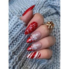 Get Into The Holiday Spirit With These Stunning Press-On Nails, Adorned With Delicate Snowflake Designs. Perfect For The Season, They Bring A Festive Touch To Your Look With Ease And Elegance. Red And White Snowflake Nails, Cranberry Nails Designs, Acrylic Nails Christmas Winter Simple, Red Snowflake Nails, Christmas Nails 2023, Ribbon Pattern