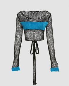 Details: Long-sleeve crochet top with ribbon designTop Length: CroppedSleeve Length: Long SleevesMaterials:95% Polyester + 5% Spandex Blue Fitted Crew Neck Mesh Top, Blue Fitted Mesh Top With Crew Neck, Stretch Long Sleeve Knit Top For Beach, Fitted Open Knit Party Top, Fitted Open Knit Top For Party, Stretch Open Knit Long Sleeve Mesh Top, Blue Crochet Top With Knit Fabrication, Stretch Long Sleeve Open Knit Mesh Top, Stretch Knitted Tops For Party