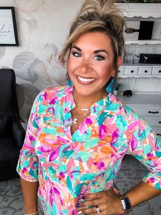 Some tops make a subtle statement. This isn’t one of them. While its notched V-neck and 3/4 sleeves keep things chic. Pair this top with your favorite distressed denim for a laid-back boho vibe or a structured blazer for a splash of color in the office. However you style it, one thing’s for sure: in this scene-stealing top, you’ll be the center of attention. After all, when you’ve got a print this unapologetic and a silhouette this flattering, the only option is to make a memorable impression. F Structured Blazer, Stunning Style, Boho Vibe, Figure It Out, Distressed Denim, Color Splash, How To Memorize Things, Spandex, Blazer