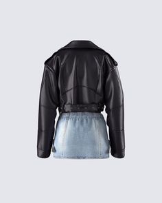 The perfect fit for asserting your dominance 😏 Take them for a wild ride in this chic and edgy three-piece set featuring a vintage black cropped jacket, a black turtleneck cropped jacket, and a denim mini skirt 🖤 Cropped Winter Outerwear For Night Out, Cropped Outerwear For Night Out In Winter, Winter Biker Cropped Jacket For Streetwear, Black Biker Cropped Jacket For Winter, Winter Black Biker Cropped Jacket, Winter Biker Style Black Cropped Jacket, Trendy Fitted Black Biker Jacket, Chic Cropped Winter Jacket, Trendy Cropped Fitted Outerwear