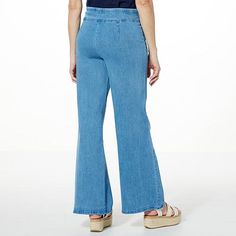 Jaclyn Smith Wide Leg Stretch Denim Pant   Fab for casual, everyday wear, this jean has an easygoing, retro vibe that's a natural with tees and open-toe sandals or old-school sneakers. And thanks to its tailored trouser silhouette, the pant's always just a heel away from nights out and about. Non-stretch Denim Blue Wide Leg Pants, School Sneakers, Non-stretch Denim Blue Bottoms With Button Closure, Wide-leg Rigid Denim Pants In Denim Blue, Full-length Medium Wash Rigid Denim Pants, Stretch Denim Pants, Pre-washed Indigo Cotton Jeans, Jaclyn Smith, Leg Stretching