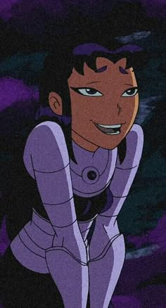 an animated image of a woman with black hair and blue eyes, wearing a purple outfit