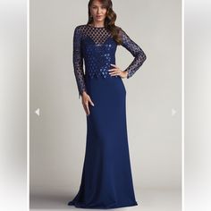 A Long-Sleeved Paillette Lace Illusion Pairs With A Stunning Neckline To Create An Eye-Catching Textured Crepe Gown That Merges Modernity With Tradition. Concealed Back Zip. Approx. Length From High Point Shoulder To Hem Is 63" Measurements Are Taken From Size 8 / M Dry Clean Imported New With Tag Long Sleeve Prom Gown With Contrast Sequin, Long Sleeve Gown With Illusion Neckline For Evening Dress, Long Sleeve Dress With Lace Bodice For Gala, Long Sleeve Prom Evening Dress With Lace Bodice, Long Sleeve Evening Dress With Illusion Neckline, Long Sleeve Evening Dress With Illusion Neckline For Prom, Long Sleeve Dresses With Illusion Neckline For Evening, Party Evening Dress With Illusion Neckline And Long Sleeves, Prom Evening Dress With Illusion Neckline And Long Sleeves