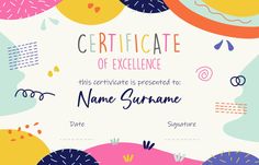 a certificate is shown with colorful shapes and lines in the background, including donuts