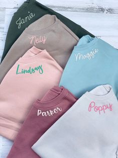 Custom Embroidered Sweatshirt Choose Your Font Personalized - Etsy Personalized Pink Crew Neck Sweatshirt, Personalized Cotton Crew Neck Sweatshirt, Cotton Sweatshirt With Name Print For Personalized Gift, Personalized Cotton Sweatshirt With Name Print, Personalized Long Sleeve Tops With Custom Text, Personalized Crew Neck Top, Personalized Name Print Crew Neck Top, Custom Text Cotton Tops For Personalized Gift, Customizable Crew Neck Top For Personalized Gift