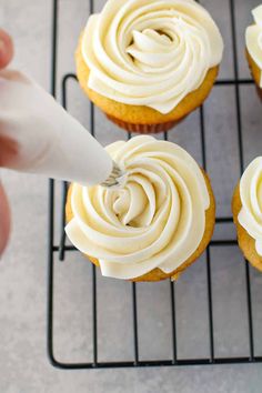 someone is decorating cupcakes with white frosting