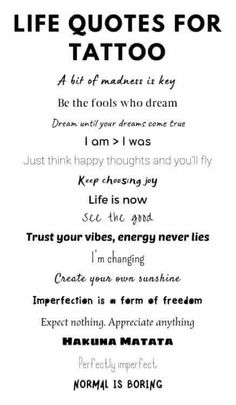 a poster with the words life quotes for tattoo written in black and white on it