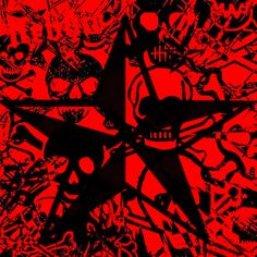 a red and black star with skulls on it's face, surrounded by other symbols