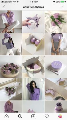 a collage of photos showing different types of cakes and cupcakes in purple