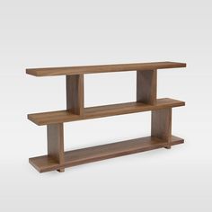 a wooden shelf with three shelves on each side