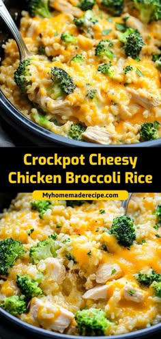 crockpot cheesy chicken broccoli rice is shown in two pans