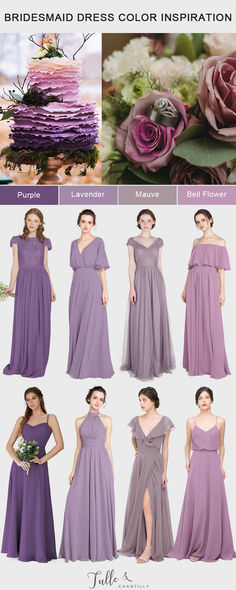 the bridesmaid dress color inspiration is shown in different colors and sizes, including purples