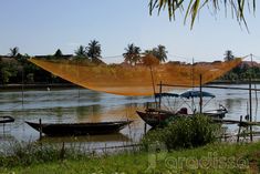 there are many small boats in the water near some trees and grass on the shore