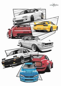 four different colored cars are shown in this drawing