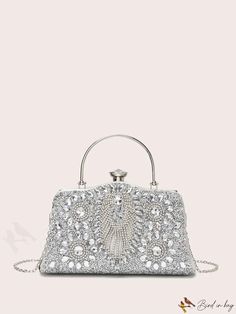 BirdinBag - Elegant Rhinestone-Embellished Small Box Bag for Weddings, Proms, and Special Events Prom Evening Bag Embellished With Crystals, Embellished Crystal Evening Bag For Prom, Crystal Embellished Evening Bag For Prom, Prom Crystal Evening Bag Embellished, Embellished Clutch Bags For Prom, Evening Crystal Bag In Rectangular Shape, Silver Rectangular Bag For Prom, Crystal Evening Bag, Rectangular Shape, Evening Crystal Rectangular Bag