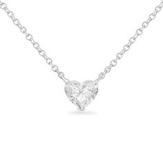 An elegant heart-shaped lab grown diamond is the brilliant focal point of this solitaire necklace for her. Set in 14K white gold, the 1/4 carat lab grown diamond suspends from an 18-inch box chain that secures with a spring ring, festooned onto the 3 prong setting securing the diamond. The simplicity of a diamond, grown to perfection, will outlast every other piece you own. A brilliantly cut heart shaped diamond emanates pure elegance and love in its gold setting. Goes with anything you care to Heart Shaped Diamond Necklace, Heart Shaped Diamond Pendant, Sweet Necklace, Solitaire Necklace, White Gold Solitaire, Diamond Solitaire Necklace, Solitaire Necklaces, Heart Shaped Diamond, Heart Pendant Diamond