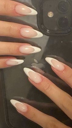 Long Ballerina French Tip Nails, Deep Almond French Tips, Deep French Almond Nails, Milky French Manicure Almond Nails, White Winter Nails Almond, Pointy French Tip Nails, Simple Acrylic Nails Almond, Long Simple Acrylic Nails, Almond French Tip Nails With Design