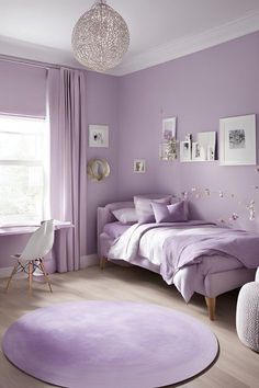 a bedroom with purple walls and furniture in the corner, including a white rug on the floor