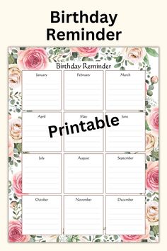 a birthday reminder card with pink roses on it and the words printable in black