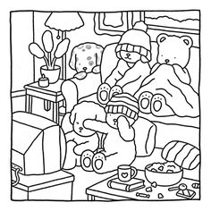 a black and white drawing of people in a living room with teddy bears on the couch