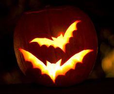 a carved pumpkin with bats on it