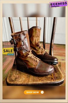 Men's Original Design Leather Hihg Boots Military Leather Boots For Winter, Leather Military Boots For Winter, Winter Military Leather Boots, Vintage Leather Martin Boots For Winter, Fall Outdoor Moto Boots With Plain Toe, Military Leather Combat Boots With Round Toe, Leather Military Combat Boots With Round Toe, Rugged Brown Combat Boots For Fall, Winter Military Leather Combat Boots