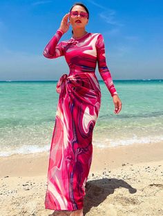 Hot Pink  Collar   Marble  Embellished High Stretch  Women Clothing Modest Beach Wear, Burkini Hijab, Skirt And Top Outfits, Islamic Swimwear, Beach Outfits Women, Modest Outfits Muslim, Muslim Swimwear, Outfits Muslim, Hijab Fashion Summer