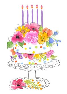 a birthday cake with candles and flowers on the top is painted in watercolors