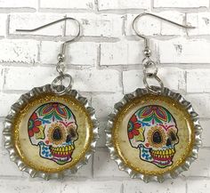 Bottle Cap Earrings, Sugar Skull Earrings, Whimsical Jewelry, Free Day, Mexican Culture, Skull Earrings