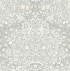 an intricately designed wallpaper with flowers and leaves in grey, yellow and white