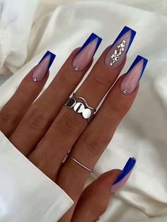 Blue Prom Nails, Blue And Silver Nails, Blue Coffin Nails, Royal Blue Nails, Unghie Sfumate, Blue Acrylic Nails, Her Nails, Blue Nail Designs