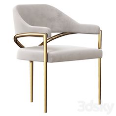 an upholstered chair with gold metal legs and a white fabric seat, viewed from the front