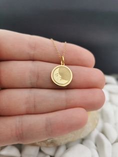 "Dainty 14K Solid Gold Sleeping Moon Necklace, Personalized Sleeping Moon Pendant, Moon Necklace 14k Solid Gold Choose What Size You Want the Pendant Using The Second Option Box Photos Are For The 0.5 inch Diameter Pendant Pendant thickness : 0.5mm Inner diameter of jump ring : 4mm ♥ Material of pendant and chain: Solid Gold k14 ♥ Packaging: All of our jewelry are beautifully boxed and ready for gifting ♥ Colors: Gold, White gold, Rose gold For more personalized designs take a look here: ♥ www.e Moon Pendant Gold, Moon Emoji, Second Option, Symbol Necklace, Special Necklace, Necklace Personalized, Moon Pendant, Moon Necklace, Chain Pendants