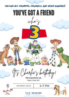 a birthday party flyer with cartoon characters on it and the number three in front of them