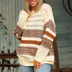 Holy Wow, This Knit Sweater Will Definitely Become The Light Of Your Life! With A Relaxed Fit, This Knit Sweater Features A Boat Neck And Long Sleeves. This Cream Color Block Stripe Sweater Has An Open Knit Design That Is Easy To Wear On Its Own Or Be Layered Up On Those Cooler Days! Length - 29" Bust - 22" Arm Length - 18 1/2" 100% Acrylic Lots Of Stretch For Search Purposes Only: Boutique Fall Clothes Winter Clothes Mom Style Women Clothes Women's Fashion Women's Layers Boutique Fashion Casual White Knit Sweater For Layering, Beige Acrylic Crew Neck Sweater, Casual Beige Acrylic Sweater, Beige Open Knit Crew Neck Sweater, Multicolor Open Knit Sweater For Winter, Multicolor Open Knit Winter Sweater, Winter Multicolor Open Knit Sweater, Cozy Beige Acrylic Top, Brown Open Knit Crew Neck Sweater