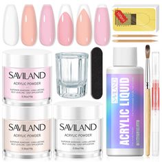 PRICES MAY VARY. 💎【Saviland NAIL KIT ACRYLIC SET】Saviland acrylic nail kit includes stylish and classic 3pcs acrylic powder (clear, pink & white), 100pcs nail forms, 1pc acrylic liquid, 1pc acrylic nail brush(#12), 1pc acrylic dappen dish, 1pc mini nail file, 1pc cuticle oil, 100pcs nail forms, 2pcs wooden cuticle pusher. Comes with everything for acrylic application to meet all your needs in acrylic nails. 💎【MULTIFUNCTION & EASY TO APPLY】Saviland acrylic nail kit can be used for nail extensio Pink Acrylic Powder, Acrylic Nail Liquid, Dappen Dish, Nail Care Diy, Acrylic Nail Powder, Acrylic Nail Brush, Diy Acrylic Nails, Nail Art Salon, Acrylic Nail Kit