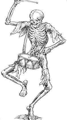 a skeleton playing the drums with his arms and legs stretched out, vintage line drawing or engraving illustration