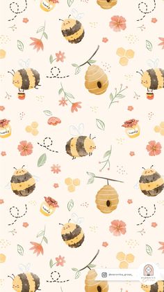 a wallpaper with bees and flowers on it