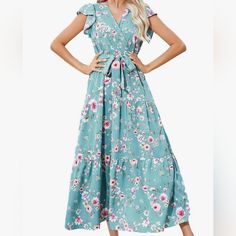 V Neck Flutter Sleeve Floral Print Dress Size Small Nwt 140 Spring Light Blue V-neck Maxi Dress, Light Blue V-neck Maxi Dress For Spring, Casual Dress With Butterfly Sleeves For Garden Party, Light Blue Short Sleeve Maxi Dress With Ruffles, Flowy Casual Midi Dress With Butterfly Sleeves, Light Blue Maxi Dress With Ruffles And Short Sleeves, Blue Floral Print Midi Dress With Flutter Sleeves, Spring Midi Dress With Ruffles And Butterfly Sleeves, Blue Casual Dress With Butterfly Sleeves