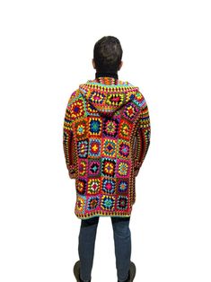 Multicolor Wool Long Sleeve Cardigan, Casual Multicolor Wool Cardigan, Multicolor Crochet Sweater Coat For Winter, Casual Multicolor Hand Knitted Sweater Coat, Multicolor Knitted Acrylic Sweater Coat, Bohemian Multicolor Wool Outerwear, Multicolor Wool Cardigan For Winter, Handmade Multicolor Sweater Coat For Winter, Multicolor Granny Square Cardigan For Winter