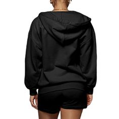 Black Zipper Flush Hoodie with Shorts Set Black Sweatshirt With Adjustable Hood For Loungewear, Black Hoodie Sweatshirt With Zipper Closure, Black Sporty Sweatshirt With Zipper Closure, Black Hoodie With Pockets, Relaxed Fit, Black Relaxed Fit Soft-washed Hoodie, Short Sets, Zipper, Black