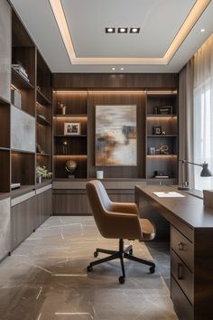 an office with a desk, chair and bookcases in the corner is lit by recessed lights