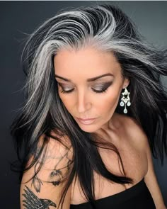 Dark Hair Color With Grey Highlights, Silver Fox Hair Women, Grey On Top Dark On Bottom Hair, Gray Blending Short Hair, Natural Salt And Pepper Hair Women, Hair Color Ideas To Blend Grey Hair, Grey Blending For Dark Hair, Growing Out Gray Hair Blending, Salt And Pepper Hair Color