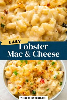 macaroni and cheese in a white bowl with the words easy lobster mac & cheese