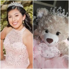 a woman in a pink dress next to a teddy bear wearing a tiara