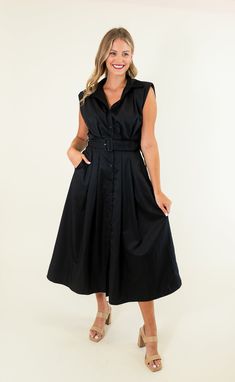 Button down Removable belt at waist Shoulder pads Pockets on side Non-sheer 80% Polyester; 20% Cotton SIZES: SMALL MEDIUM LARGE Unleash your style with this collared sleeveless midi dress in chic black. Perfect for any occasion, this dress will keep you cool while looking effortlessly stylish. Say goodbye to boring outfits and hello to fun and fashion! SIZE XS S M L XL 2XL 3XL FITS A SIZE 00-0 2-4 6-8 10-12 14-16 18-20 22-24 Boring Outfits, Halloween Usa, Platform Heels Boots, Blue And White Dress, Sleeveless Midi Dress, Platform Sandals Heels, Midi Dress Sleeveless, Dress Romper, Black Midi Dress