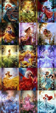 many different pictures of princesses in various colors and sizes, all with their names on them