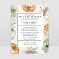 a thanksgiving pass the present card with pumpkins