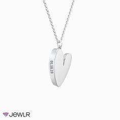 This tilted heart design beats with love! Perfect for everyday wear, this necklace features a hidden side engraving to express yourself and a choice of chain lengths. Wear alone or layer with multiple necklaces to complete your look. Design yours in sterling silver, white, yellow, or rose gold. Made just for you. Sterling Silver Laser Engraved Jewelry For Anniversary, Engraved Sterling Silver Heart Necklace For Memorials, Minimalist Engraved Sterling Silver Heart Necklace, Laser Engraved Sterling Silver Jewelry For Anniversary, Valentine's Day Laser Engraved Stainless Steel Jewelry, Silver Heart Necklace With Engraving Option For Anniversary, Minimalist Engraved Heart Necklace For Mother's Day, Everyday Engraved Heart Pendant Necklace, Heart-shaped Laser Engraved Sterling Silver Jewelry